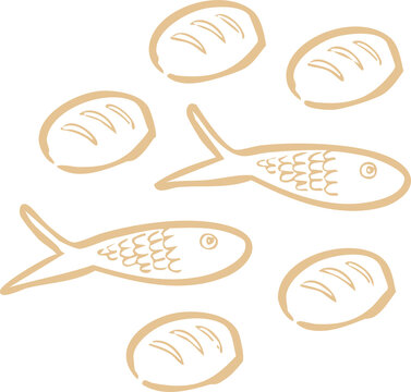 5 loves and 2 fish. Five loaves or bread and two fish illustration. Vector symbol, Ichtus pattern for christian graphic. Sharing, miracle. Symbolizes sharing, miracle of Jesus.	