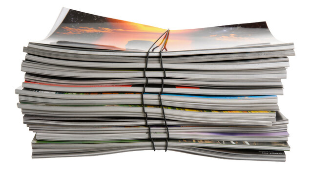Isolated stack of colorful glossy magazines and periodicals tied securely with a black elastic band