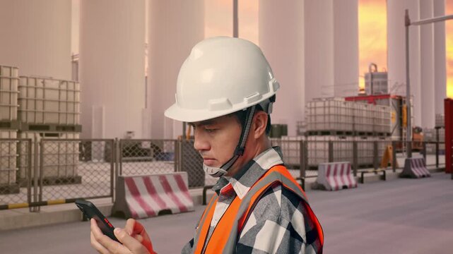 Close Up Side View Of Asian Male Engineer With Safety Helmet Using Smartphone While Standing at Storage Facility with IBC Totes, Large Silos at Sunset