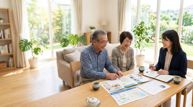 女性営業担当と住宅について相談をするシニア日本人夫婦