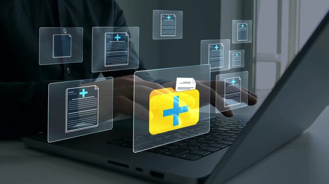 Medical history database with patient records and digital healthcare documents, secure medical data management system for hospital information, clinical archive and electronic patient history.