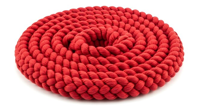 Coiled red rope on white background