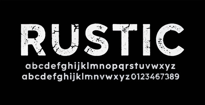 Rustic distressed text style font display with alphabet and numbers