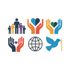 Fototapeta premium Global Unity And Peace, Helping Hands Family Heart Globe Dove, Colorful Modern, Sticker Pack Icon Set, Vector Icons Clipart Collection