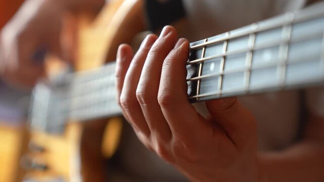 A man plays a bass guitar, skillfully pressing the strings with his fingers. The focus is on the man's hand as it moves across the bass guitar's fretboard.