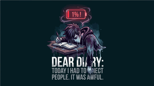 Exhausted Introvert Teenager Melting Over Desk with Low Battery Icon and Dear Diary Text, Humorous Social Burnout Illustration