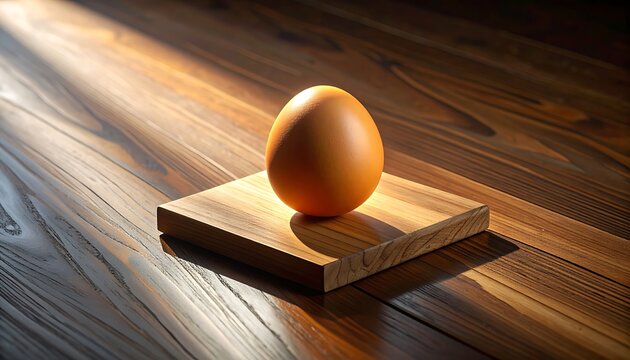 Single brown egg centered on a small wooden block, bathed in dramatic directional light casting long shadows on a textured wooden surface, evoking simplicity and natural origin