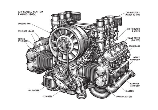Air cooled flat six engine from 1960s with exposed components like carburetors, cooling fan, cylinder heads, crankcase, and exhaust manifold.