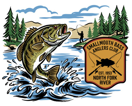 Smallmouth bass anglers club. Fishing vintage artwork for t shirt. Mountain river fishing logo. Outdoor adventure graphic. North Fork River design.
