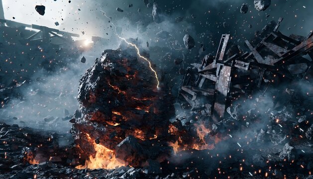 Explosion with debris and smoke in urban battle scene