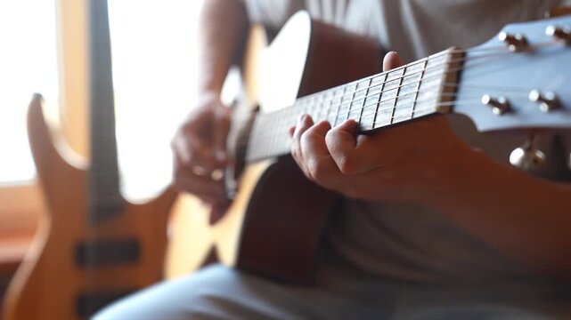 A man is playing an acoustic guitar while seated, showing his fingers on the strings. A second guitar rests nearby, creating a musical atmosphere.