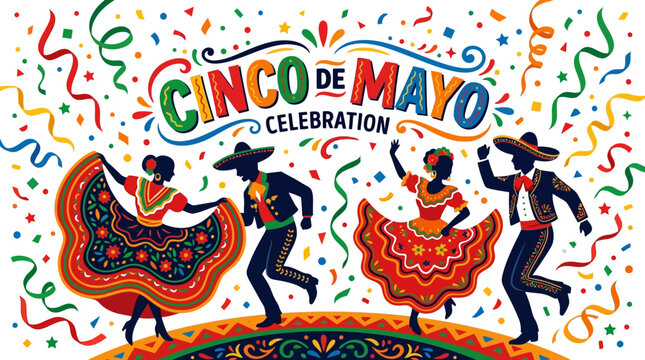 Mexican Folk Dancers with Sombreros and Confetti for Cinco de Mayo Celebration