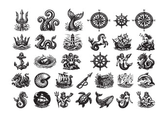 Fototapeta premium Nautical themed collection of vintage illustrations featuring trident, kraken, mermaid tail, compass rose, pirate ship, lighthouse, and anchor.