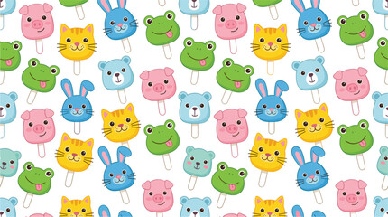 Obraz premium Cute Animal Ice Cream Seamless Pattern Featuring Cartoon Frog Bunny Cat Bear and Pig Popsicles Illustration