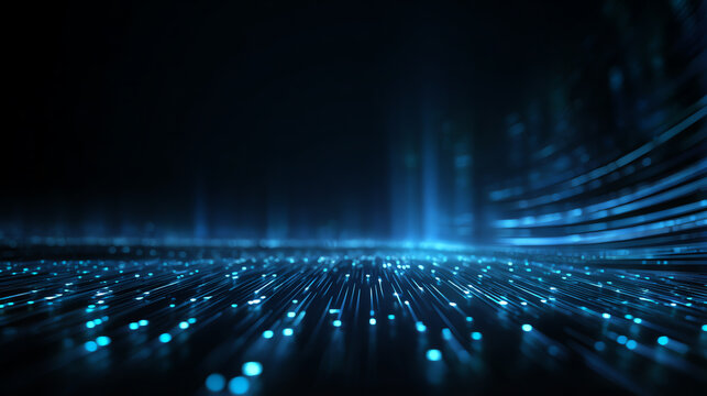 Abstract futuristic digital landscape with glowing blue lines and particles representing advanced technology.