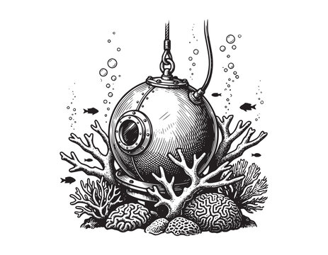 Vintage diving helmet deep underwater with coral reef and fish marine life exploring ocean depths retro exploration submersible dive equipment.