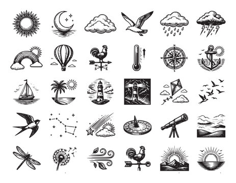 Weather and nature icons collection with sun moon clouds birds wind and nautical elements in vintage hand drawn woodcut style for professional design projects and prints.