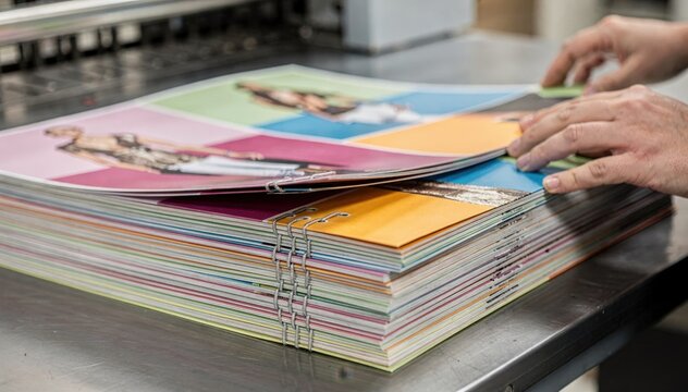 Medium shot of a fashion magazine saddlestitch binding in process focusing on precise collating of colorful glossy signatures with blurred background machinery.
