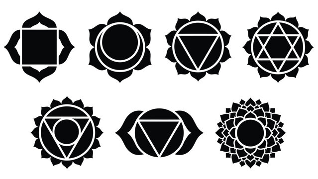 Solid black chakra symbols collection featuring bold silhouettes of spiritual energy center icons.