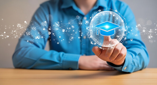 Human Hand Activating Digital Education Concept with Glowing Graduation Cap Icon and Network Connections
