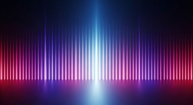 Abstract digital sound wave equalizer with glowing purple blue and red light bars on dark background