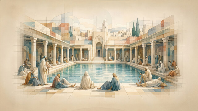 Pool of Bethesda Biblical Scene with Sick People Waiting for Healing. New Testament.