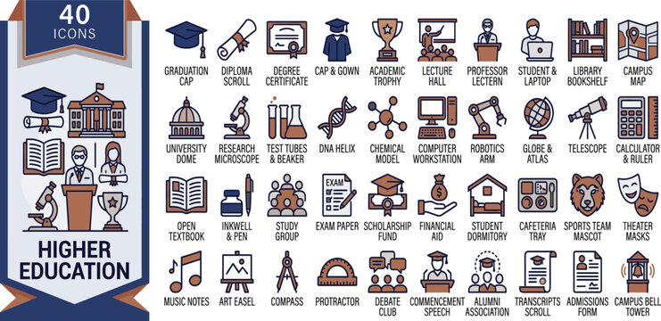 Higher education icons display various academic and student related objects.