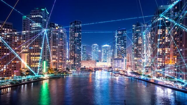 Smart city night skyline digital plexus network connection city at night. Smart infrastructure communication lines for global technology
