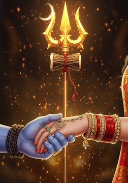Symbolic union of Shiva and Parvati represented by clasped hands, adorned with sacred jewelry, set against a golden trishul, crescent moon, and spiritual sparks.