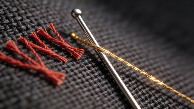 Titanium needle stitching glowing golden thread near cut red threads