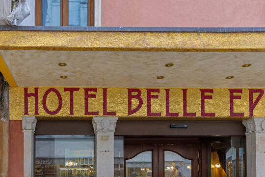 Golden Mosaic Sign at Luxury Hotel Belle Epoque in Venice Italy