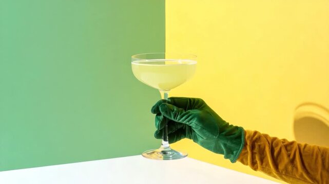 A gloved hand raises a coupe glass of cocktail against a divided background