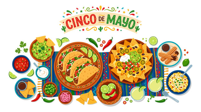 Cinco de Mayo Mexican Food Spread with Taco Nacho Guacamole and Churro
