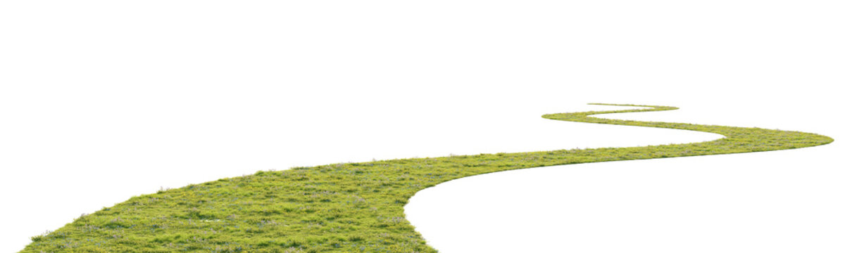 Curved grassy terrain path isolated on transparent background for landscape design and game environment asset. 3D rendering.
