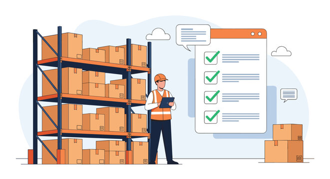 Warehouse logistics worker verifies inventory levels against a digital checklist on a large screen among tall storage racks.