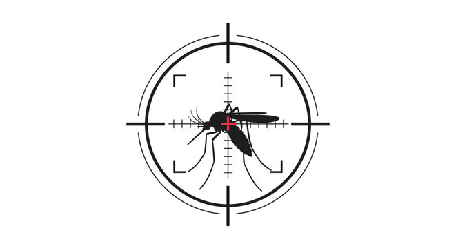Conceptual silhouette of a mosquito viewed through a gun scope crosshair, representing effective pest control and prevention.