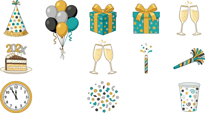 New Year Colorful Flat Icon Set with Party Hat Balloons Gift Box Champagne Cake Clock Cracker Noisemaker Confetti and Cup Vectors