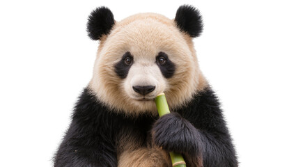 Isolated giant panda portrait holding and eating fresh green bamboo cane looking directly © Francisco
