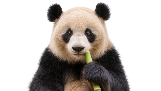 Isolated giant panda portrait holding and eating fresh green bamboo cane looking directly