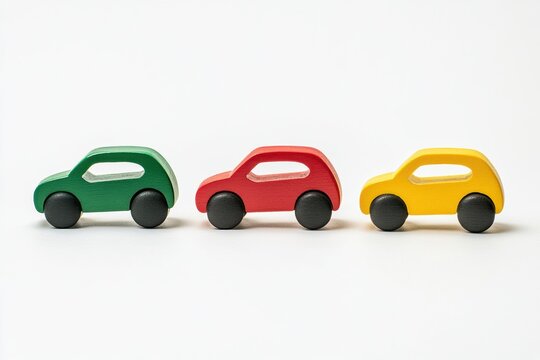 Close-up of colorful wooden toy cars in a row. Focus on green car in foreground. Minimalistic background. Bright and playful mood. Educational wooden toys. Child development concept. Copy space