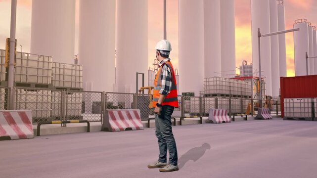 Full Body Side View Of Asian Male Engineer With Safety Helmet Looking Around While Standing at Storage Facility with IBC Totes, Large Silos at Sunset