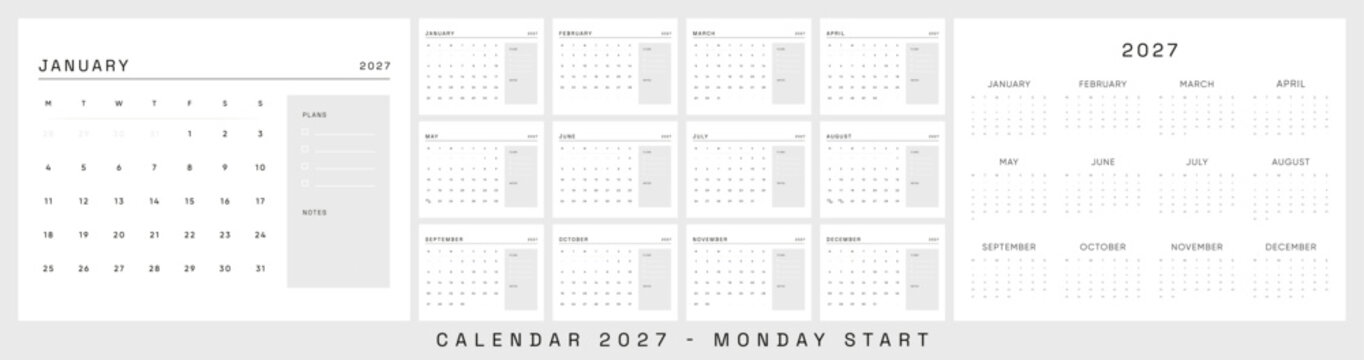 Simple 2027 Calendar Template. Monday Start Monthly Office Planner with Plans and Notes Section. Clean Minimal Desk Calendar Layout.