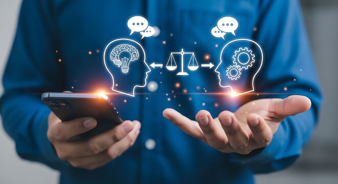 Digital Brainstorming: A visual representation of digital communication, with two human heads engaged in a connected thought process, symbolizing innovation, collaboration.