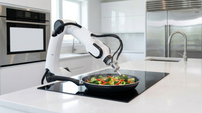 Robot arm smart kitchen cooking frying pan vegetable induction cooktop automation modern appliance. Robot cooking assistance assistant to help automation, robotic smart chef kitchen