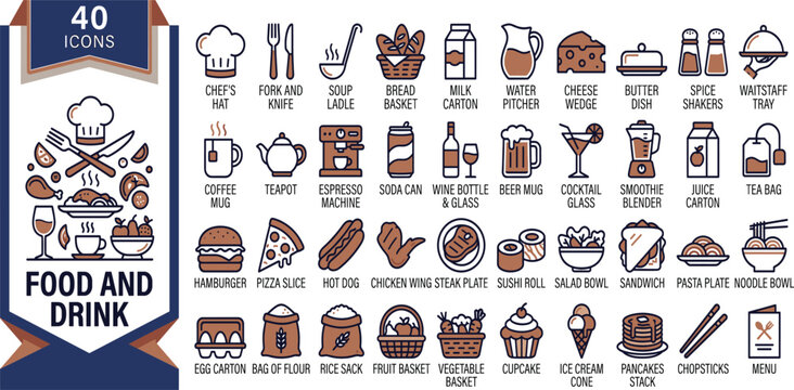 A collection of food and drink icons on a blue background
