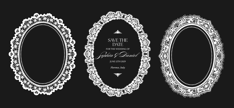 Elegant lace oval frames with vintage ornate borders and floral embroidery patterns, perfect for wedding invitations and decorative baroque designs