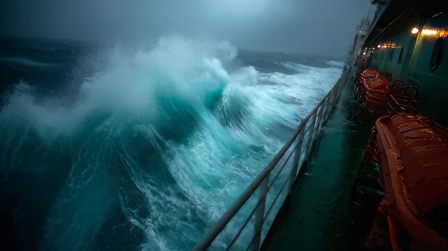 Vessel navigating dangerous conditions, dramatic ocean conditions. Gigantic waves engulf the ship deck, demonstrating the raw power of a storm.
