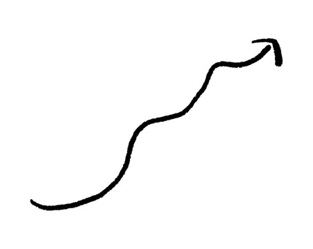 じわじわ上昇する手書きの黒いくねくね矢印 - シンプルでかわいい緩やかに上方向を指すイラスト素材
