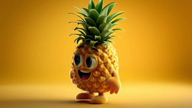 A cheerful animated pineapple character waves and smiles