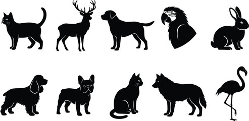Fototapeta premium Domestic and Wild Animal Silhouette Collection Featuring Pets Birds and Forest Wildlife Vector Illustration Set